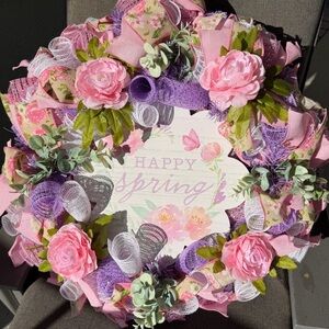 NEW Happy Spring Floral Wreath Custom Made LARGE 26” Wide 15” Wire Ready to Hang